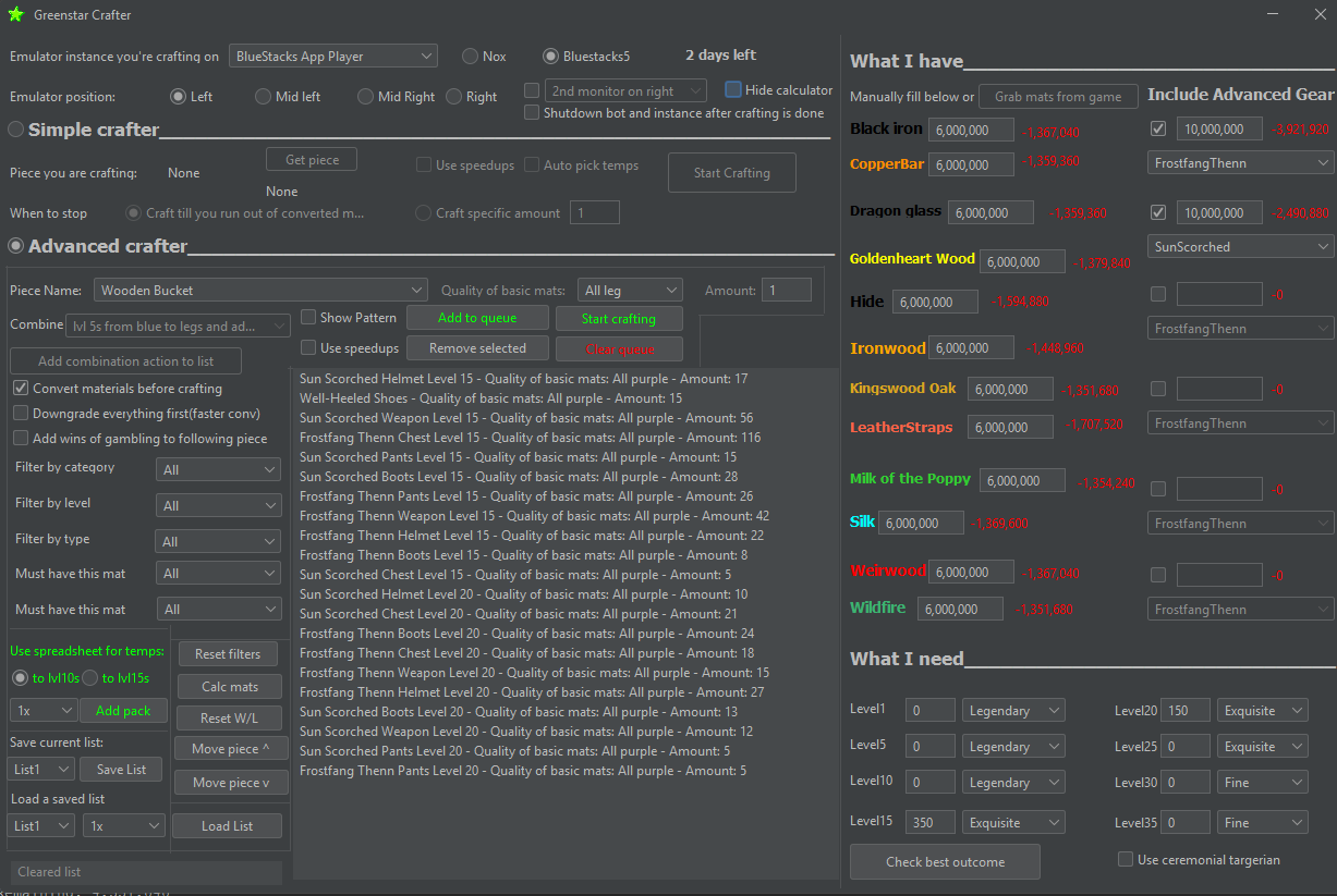 The Greenstar Crafter interface — advanced crafter, best-path calculator and material overview