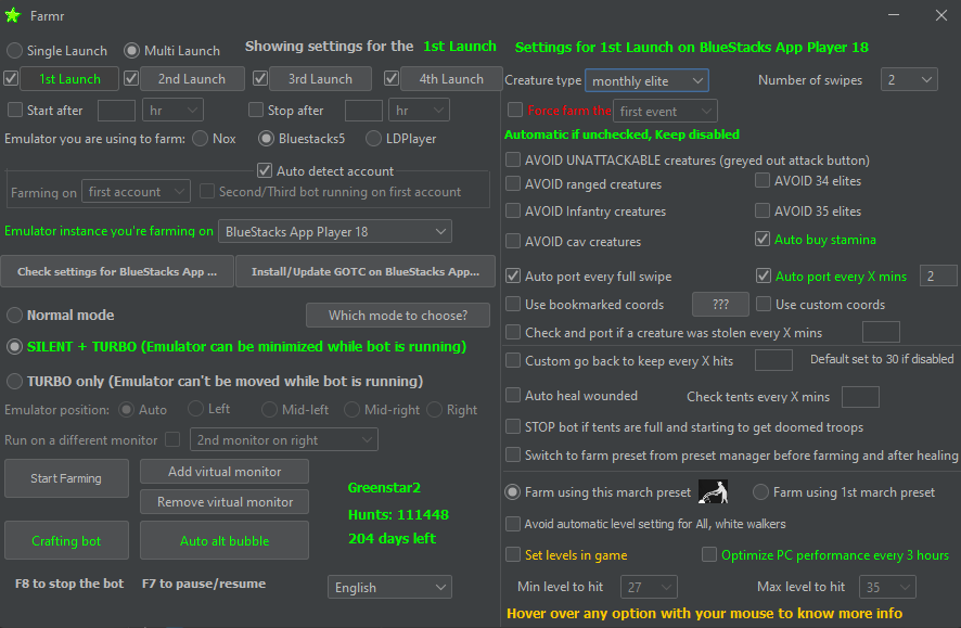 The Farmr control panel — instance selection, creature settings and farming modes in one window